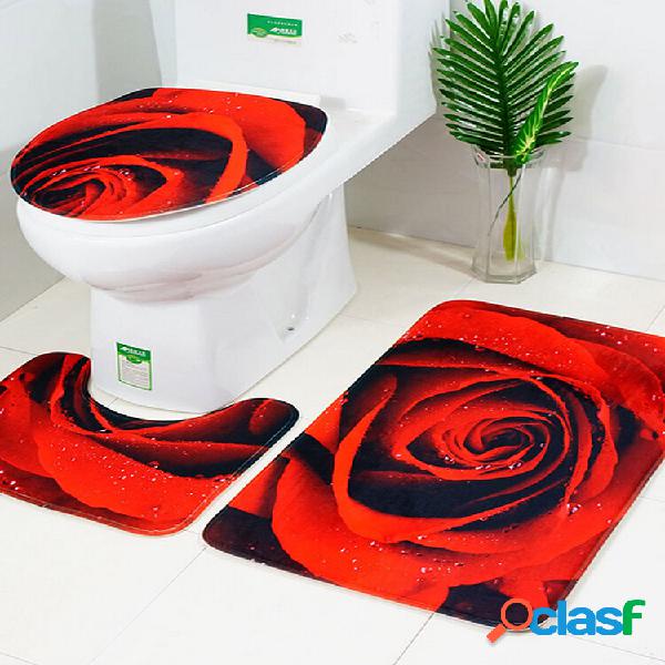 Conjunto de tapetes 3pcs 3D Rose Banheiro Tapete