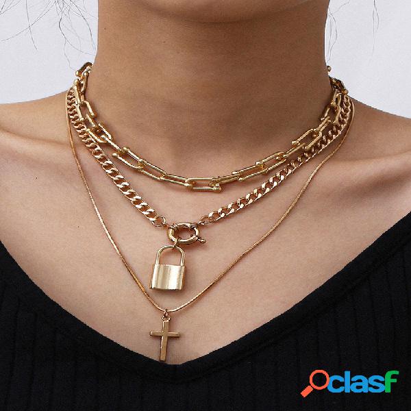 Cross Pingente Colar Corrente Vintage Lock Pingente Colar