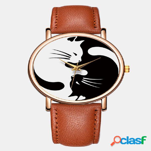 Elegante All-Match Couro Strap Men Watch Preto-Branco Cat