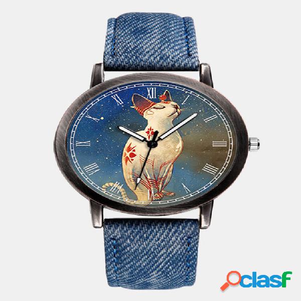 Elegante All-Match Denim Strap Men Watch Cat Padrão Dial