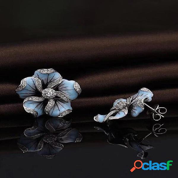 Gradient Blue Epoxy Brincos 925 Silver Plated Zircon Flower