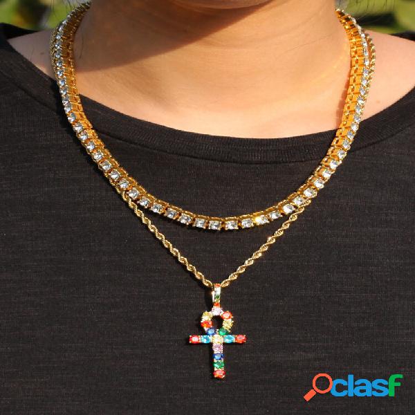 Hip Hop Colorful Zircon Ankh Key Pingente Twist Necklace