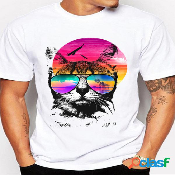 Homem verão casual gato animal cartoon camiseta branca