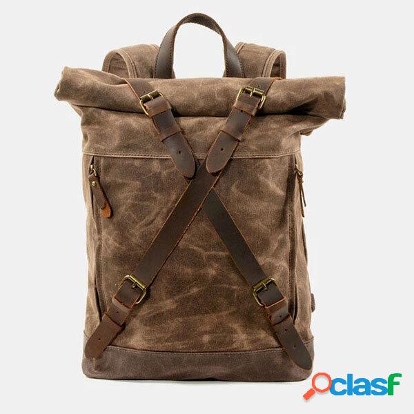 Homens Couro Genuíno Mochila de viagem multifuncional