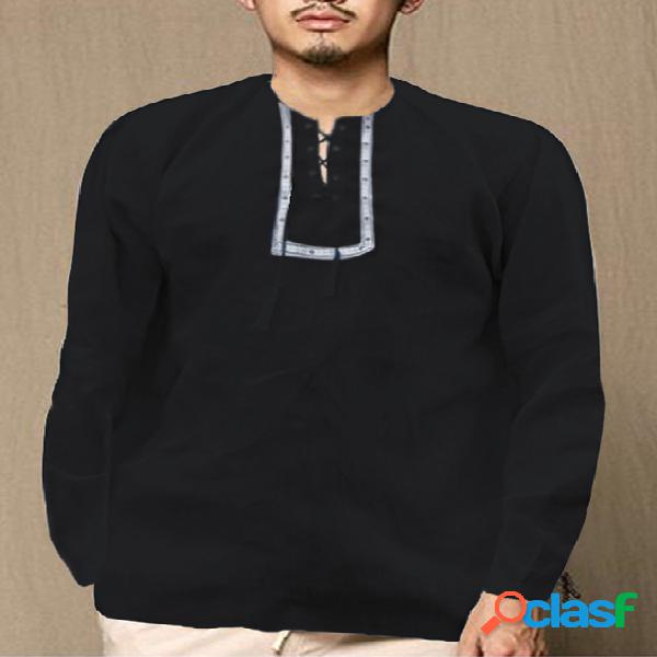 INCERUN Camiseta masculina bordado étnico com nó em volta