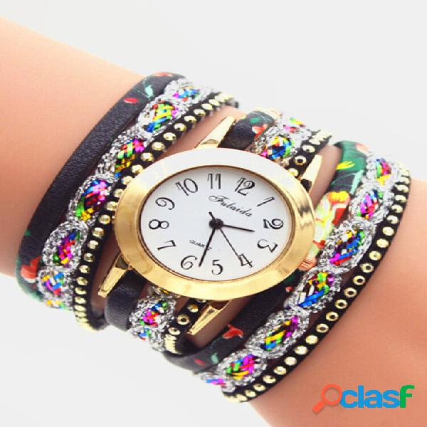 Impressão vintage Colorful multicamadas Watch strass