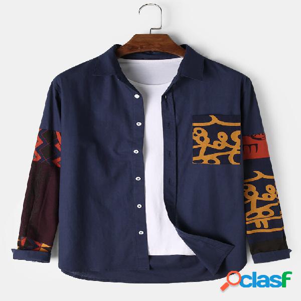 Mens 100% Algodão Étnico Patchwork Impresso Manga Longa