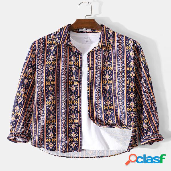 Mens Tribal Padrão Misto Listrado Vintage Casual Lapela