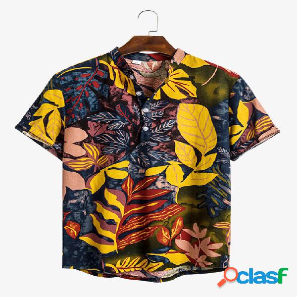 Mens Tropical Leaves Impresso Solto Casual Manga Curta