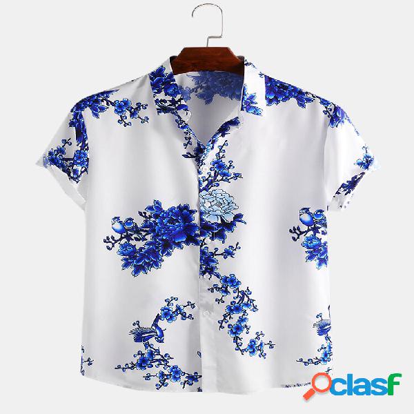 Mens estilo chinês porcelana estampado floral manga curta