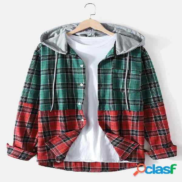 Mens xadrez Patchwork Algodão Manga Longa Casuais Com