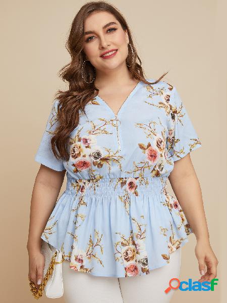 Plus Blusa com decote em V azul aleatório estampado floral