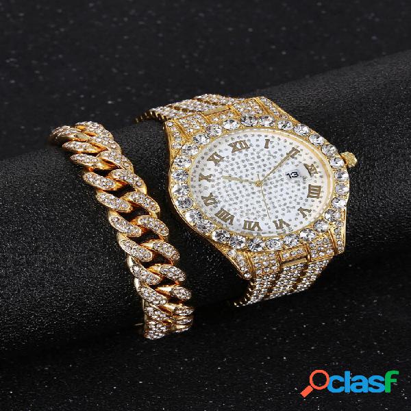 Pulseira Alloy Hip Hop Luxury 2 PCS Hip-hop Corrente Full