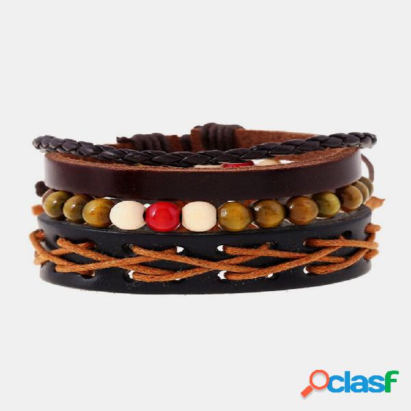 Pulseira Punk Unisxe Multicamadas Couro Trançado Conta Cera