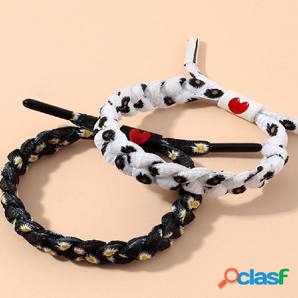 Pulseira Trendy Daisy Trançada Casal Pêssego Coração