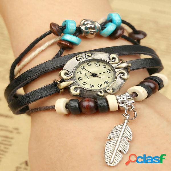 Pulseira de couro de vaca multicamadas Watch com miçangas