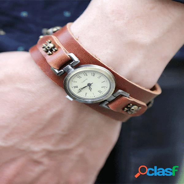 Pulseira de couro de vaca vintage Watch Caveira Rivet Flower