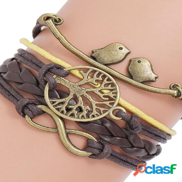 Pulseira de couro sintético trançado vintage Metal Birds