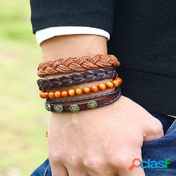 Pulseira de couro vintage multicamadas trançada de 4 peças