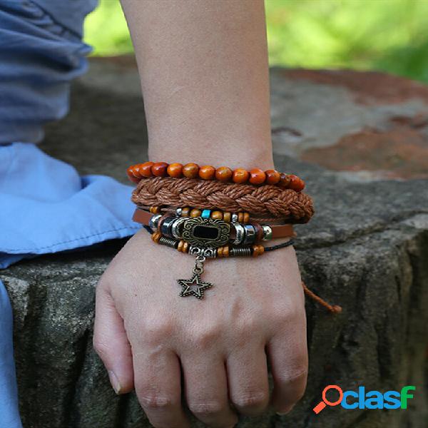 Pulseira trançada vintage Corda de couro de vaca com