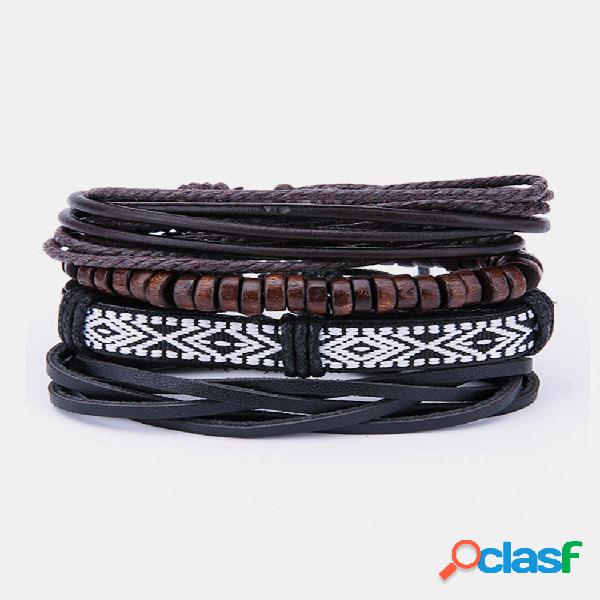 Pulseiras de couro multicamadas masculinas vintage Boho