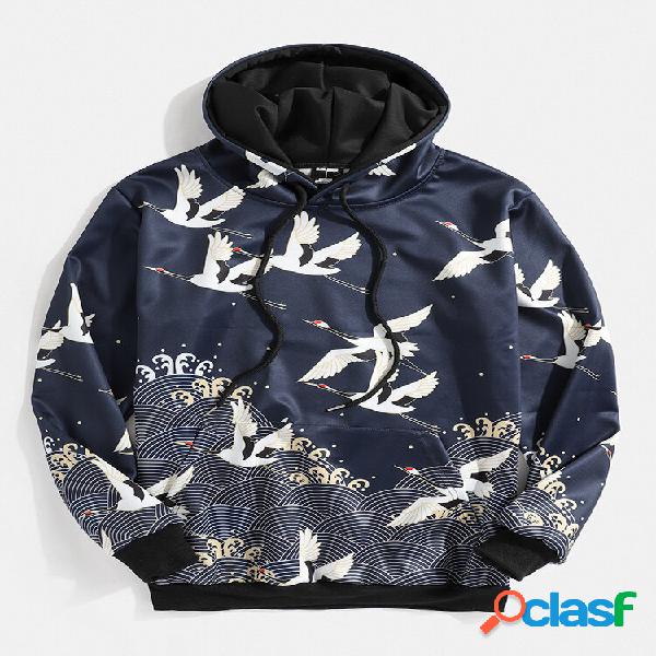 Pulôver masculino com estampa de guindaste Ukiyo e bolso