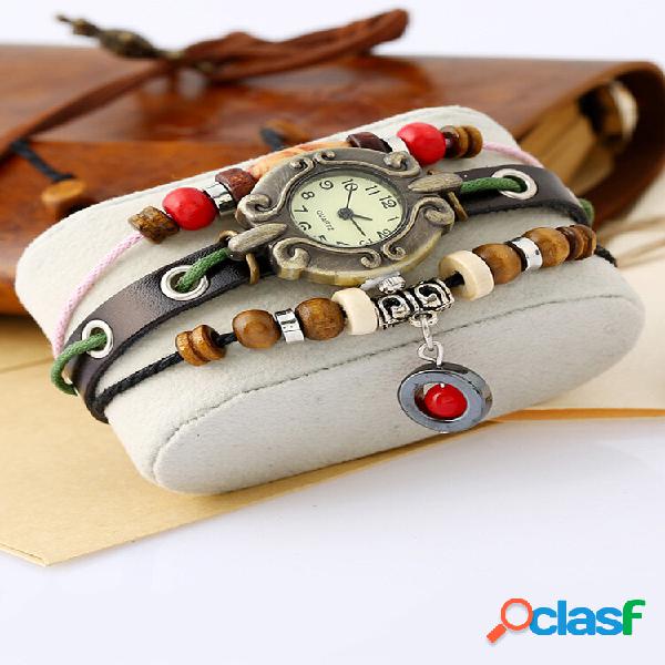 Quartzo feminino multicamadas vintage Watch pulseira