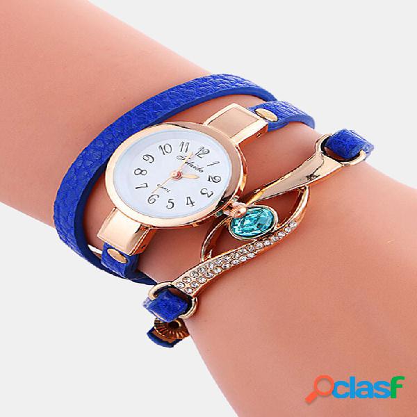Retro Pu Strap Strass Multicamada Watch Metal Azul Cristal