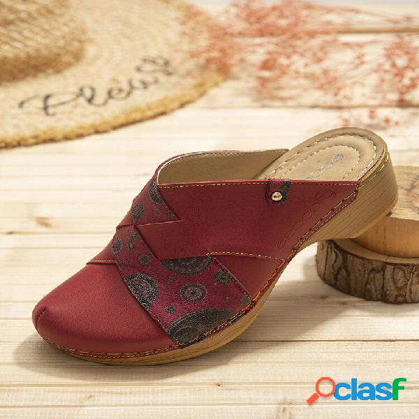 SOCOFY Impresso Cross Detalhe Slip On Wood Mules Tamancos