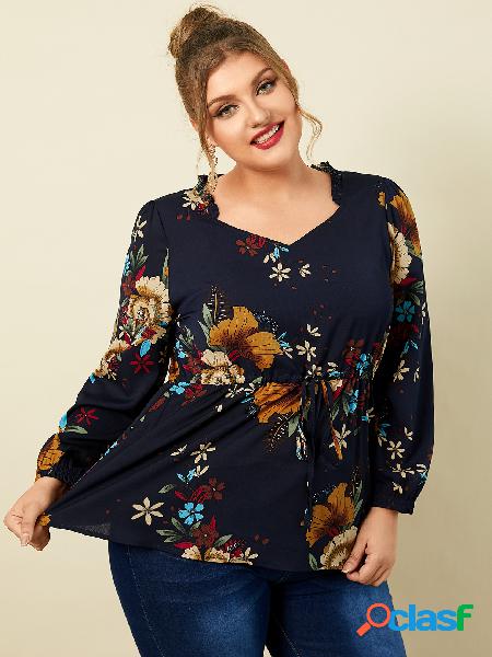 YOINS Plus tamanho decote em V estampa floral blusa de