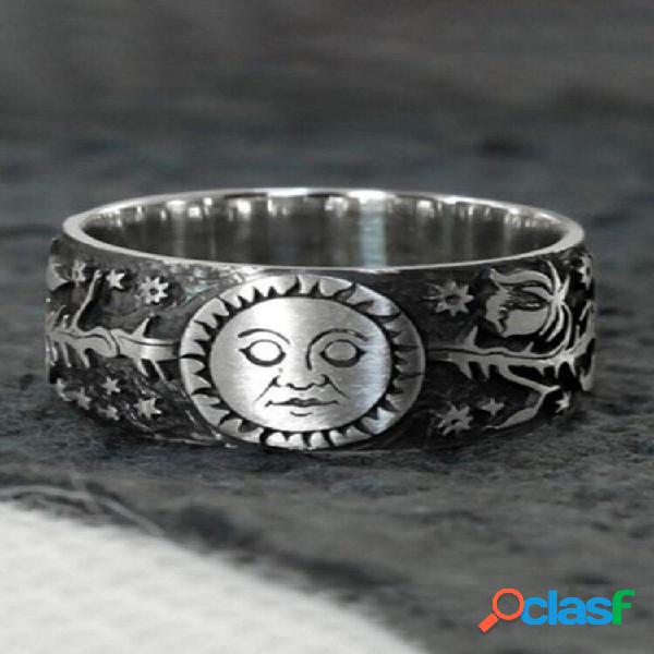 Anel Punk Sun Moon Anel de flores de prata tailandesa