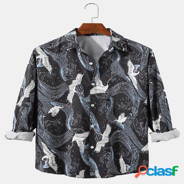 Camisas casuais de manga comprida com estampa de guindaste