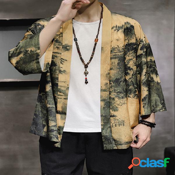 Casaco masculino estilo retro japonês casual solto com capa