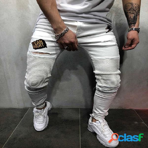 Homem Casual Branco Carta Impressão Rasgado Magro Jeans