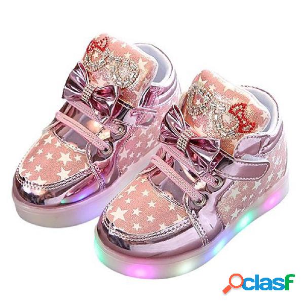 Meninas Bowknot Rhinestone Decor LED Gancho Loop Sapatos