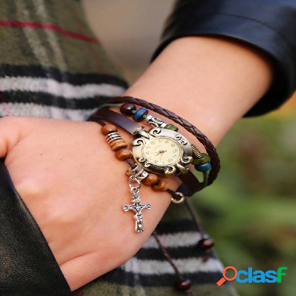 Pulseira de couro vintage Watch Cruz de contas Pingente