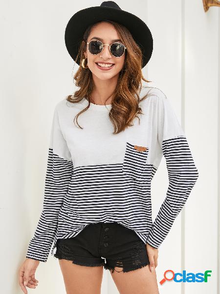 YOINS Black Pocket Design Patchwork Camiseta de mangas