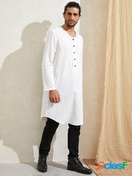 Camisa casual masculina com decote em V de comprimento