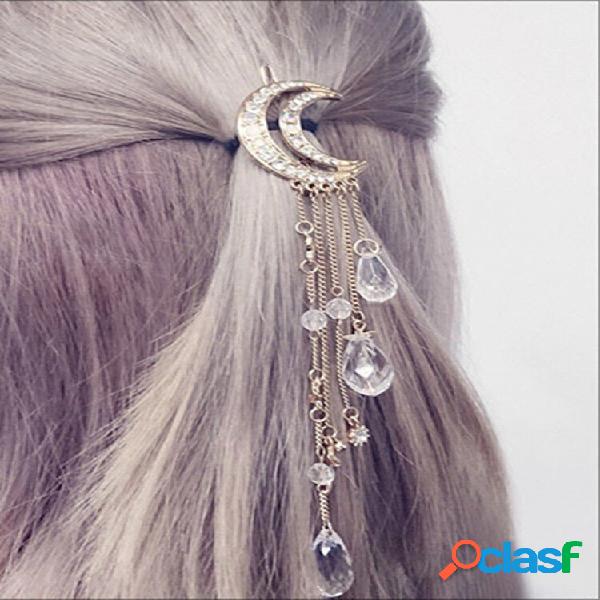 Grambo De Cabelo Retro De Lua Com Borla De Strass Dangle