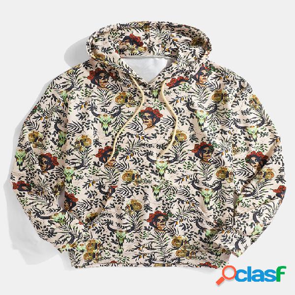 Homens Allover Figure Planta Estampa Casual Canguru com