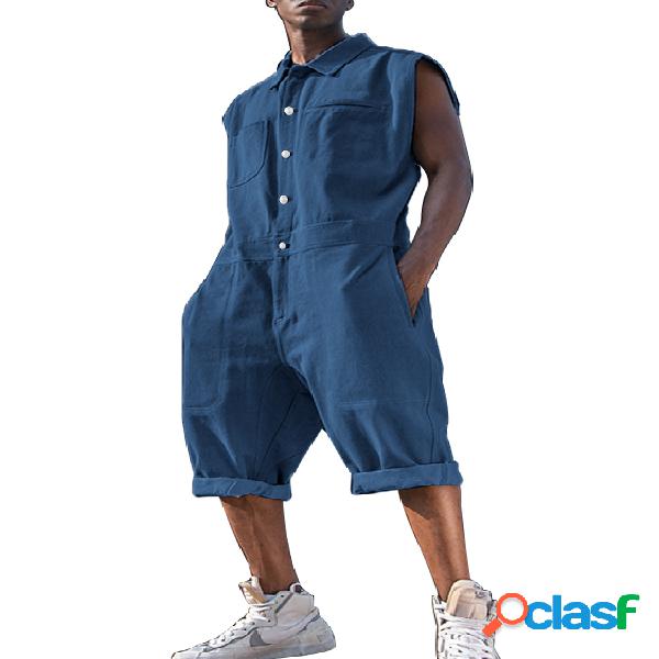 Macacão masculino verão casual com botão liso frontal com