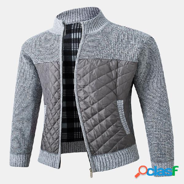 Masculino Patchwork Zip Up Knit Algodão Slant Pocket