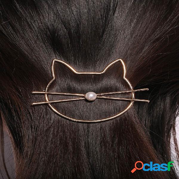Moda adorável animal oco gato pérola grampo de cabelo ouro