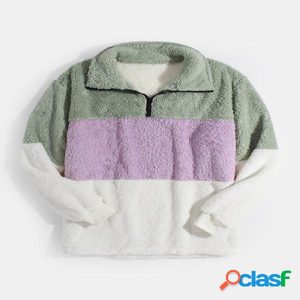 Moletom de pelúcia casual masculino patchwork com meio