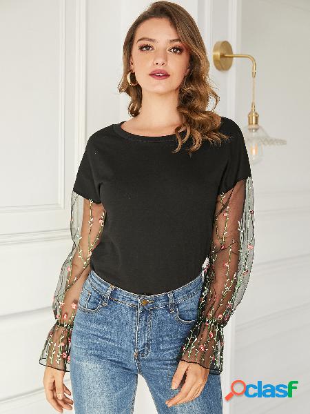 YOINS Camisola com malha preta bordada em torno do pescoço