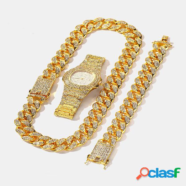 Conjunto de 1/3 peças masculinas Watch corrente de hip hop