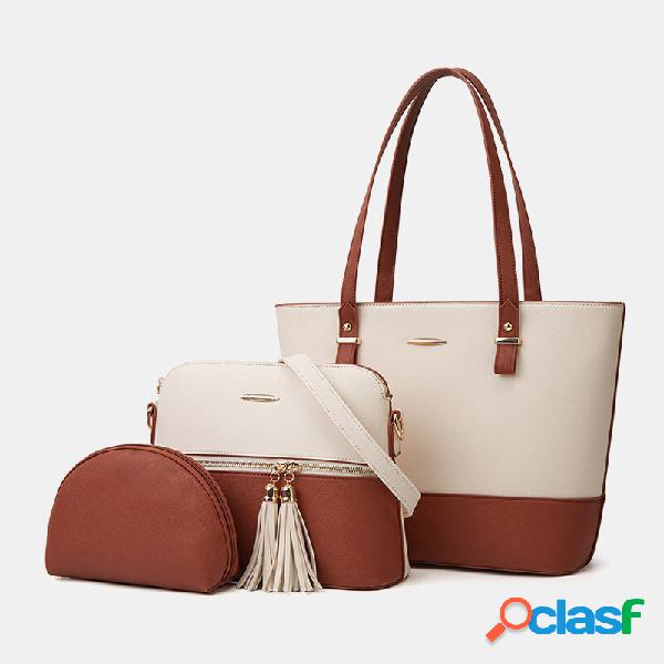 Bolsa feminina de 3 peças com borla patchwork de grande