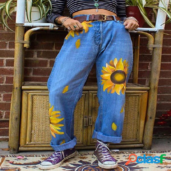 Bolsos laterais azuis estampa floral jeans de cintura alta