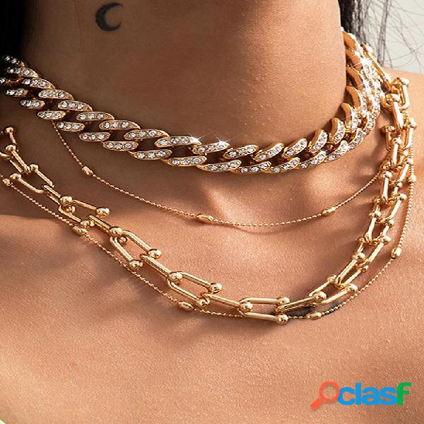 Colar de diamantes multicamadas punk miçangas redondas