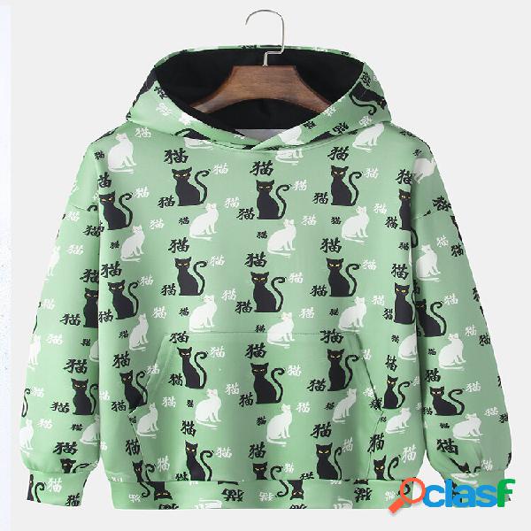 Homens Allover Cat Chinese Character Print Casual Kangaroo